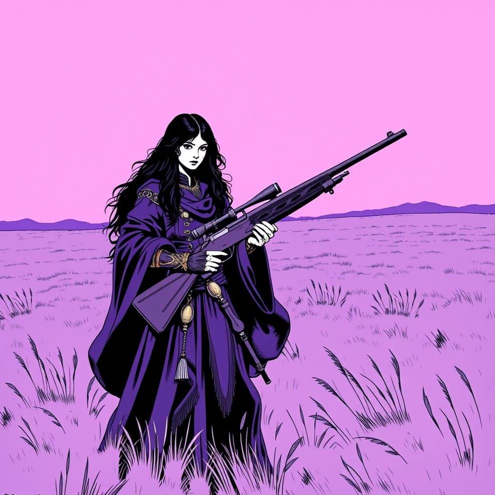 Huntress in Ultraviolet Grasslands: Minimalist Illustration