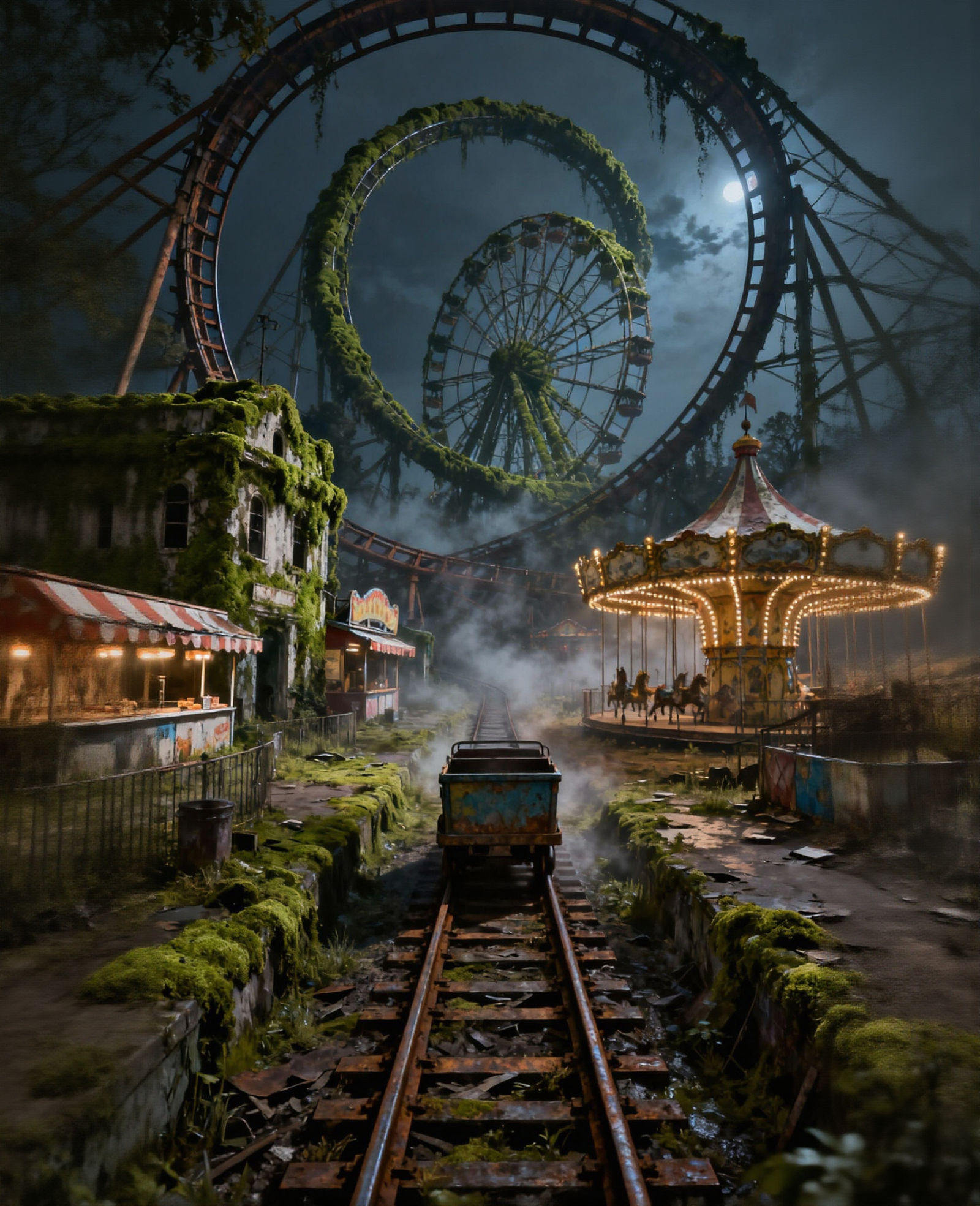 Surreal Abandoned Carnival Rollercoaster at Night