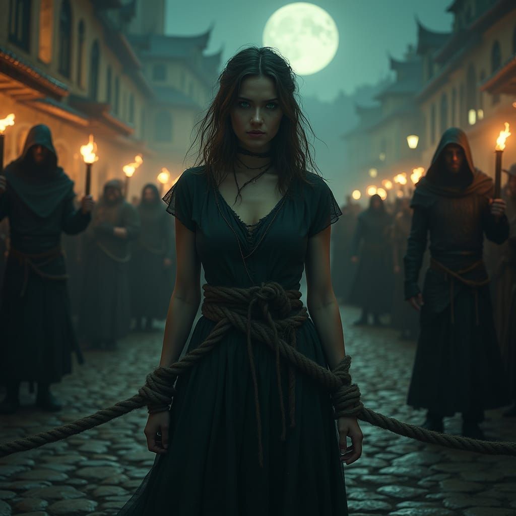 Medieval Village at Night, Young Woman Defies the Mob