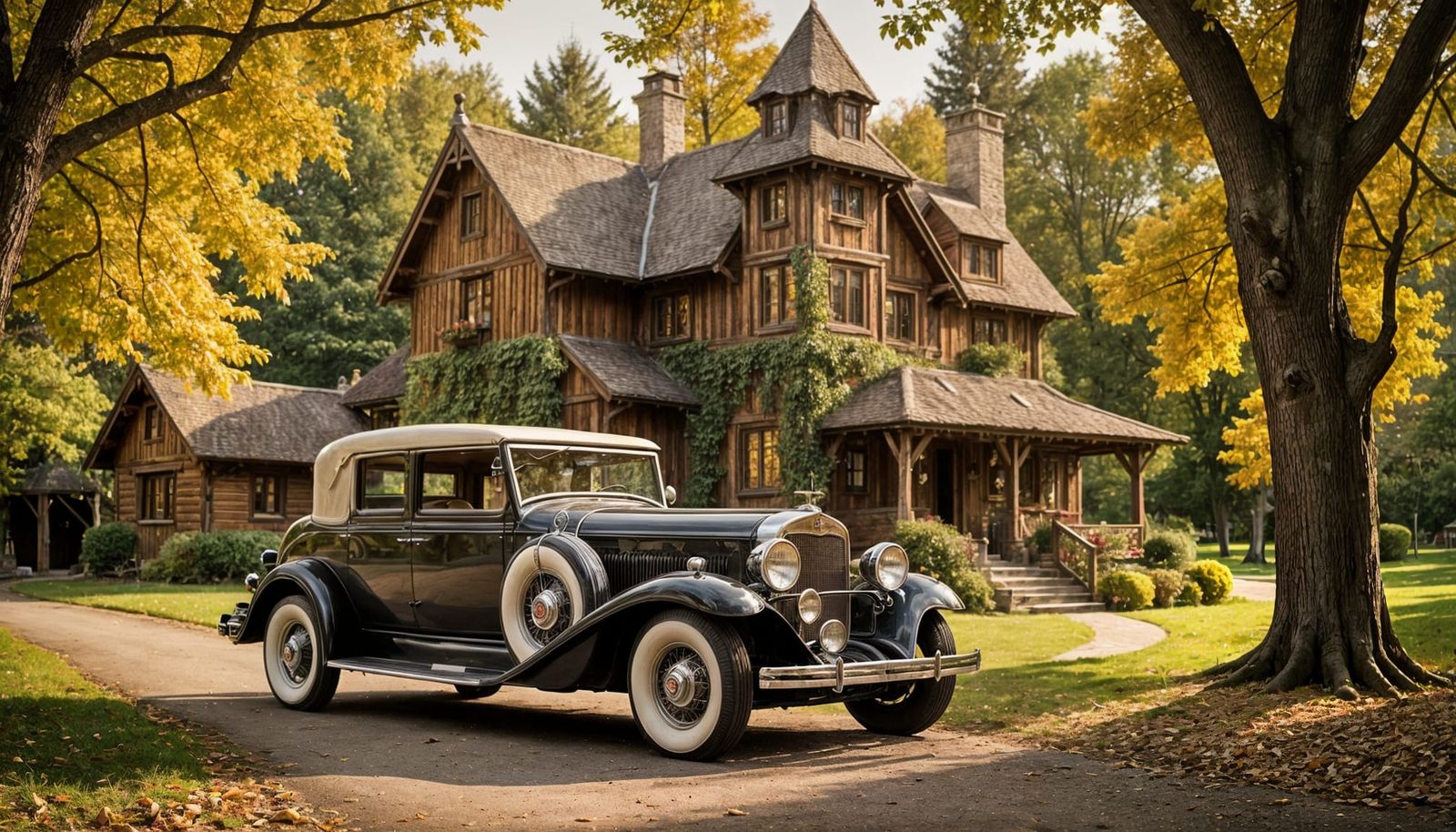 A 1932 Cadillac in Quaint Whimsical Autumnal Setting