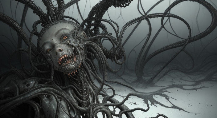 Surreal Biomechanical Nightmare: Young Woman Consumed by Ali...