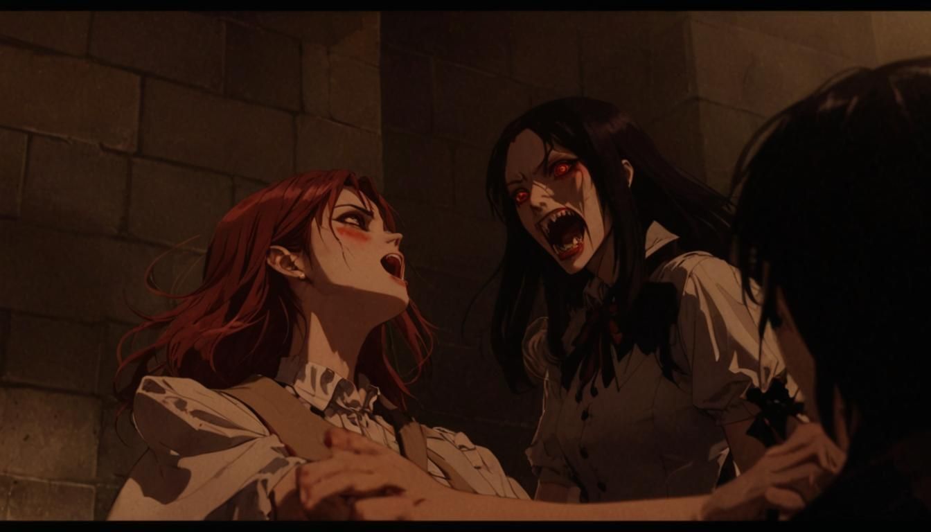 Vampire Schoolgirls with Fangs in Anime Style