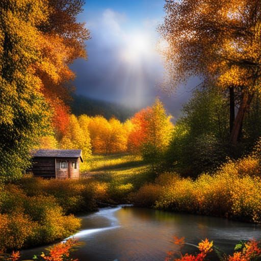 Autumn Cabin in Forest Clearing with River