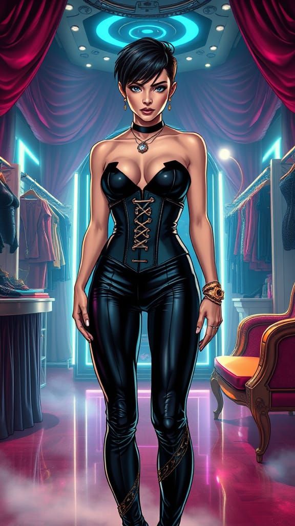 Androgynous Figure in Cyberpunk Boudoir