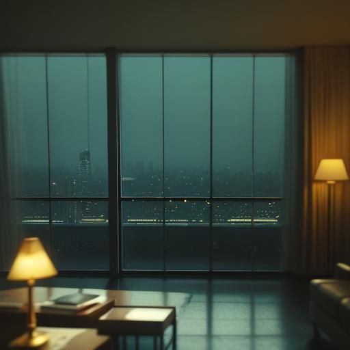 Modern Library at Night with Yellow Light