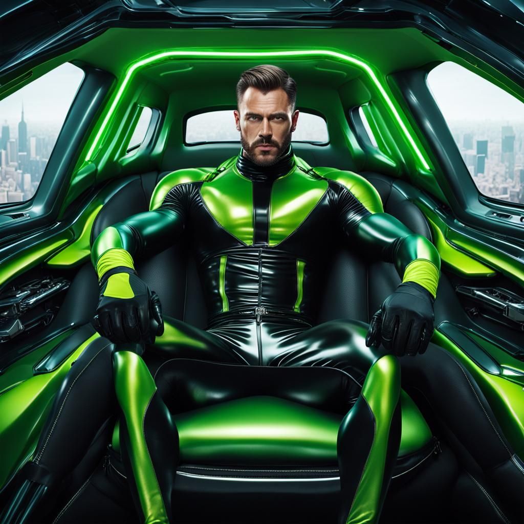 Futuristic Knight Rider: Man in Latex Catsuit