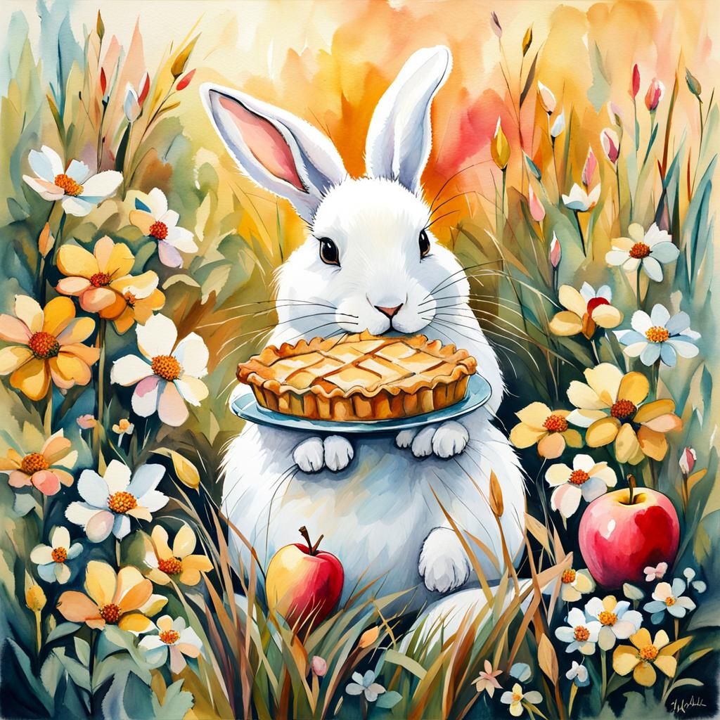 Bunny Eating Apple Pie, Watercolor Abstract Art