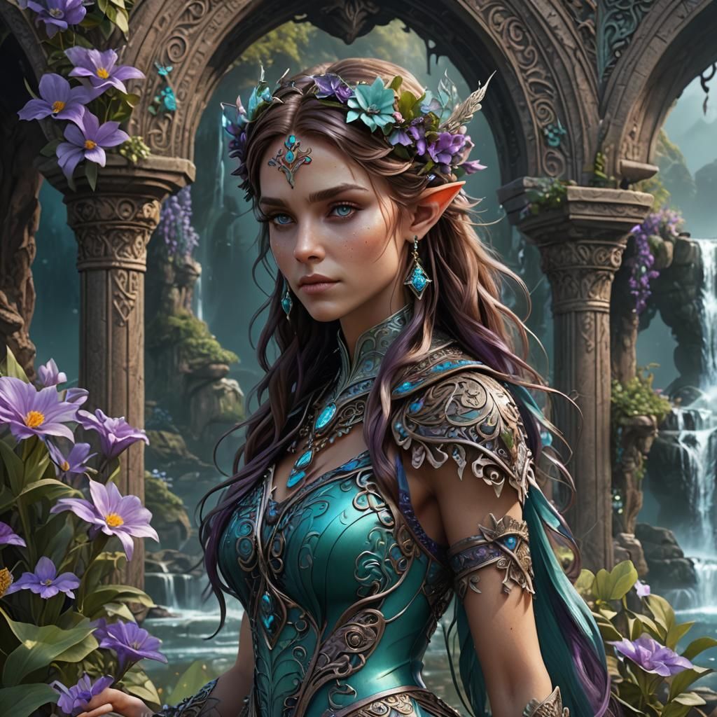 Floral Filigree Elf Woman by Waterfall