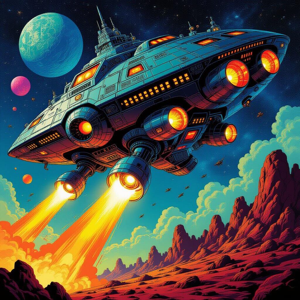 Menacing Alien Spaceship in Ed Repka Thrash Metal Style