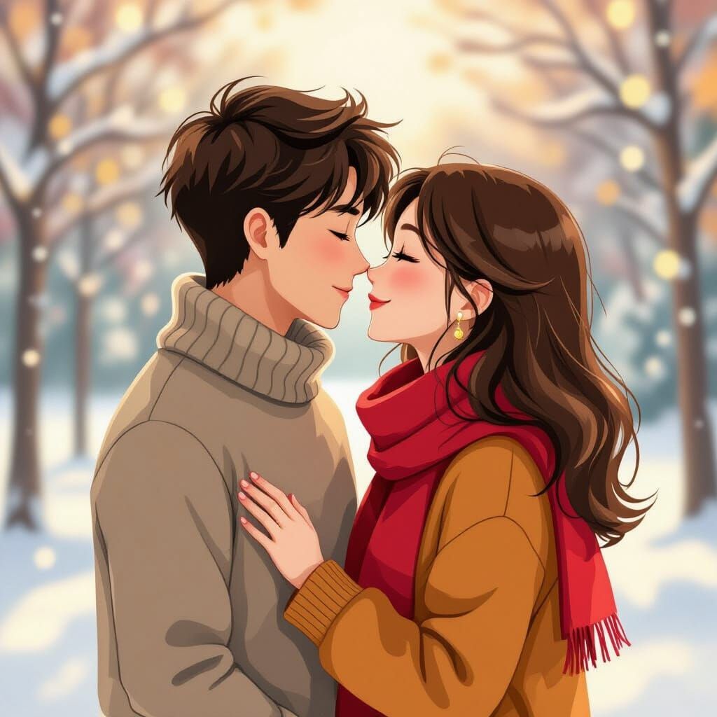 Romantic Couple Kissing in Miyazaki-Inspired Scene