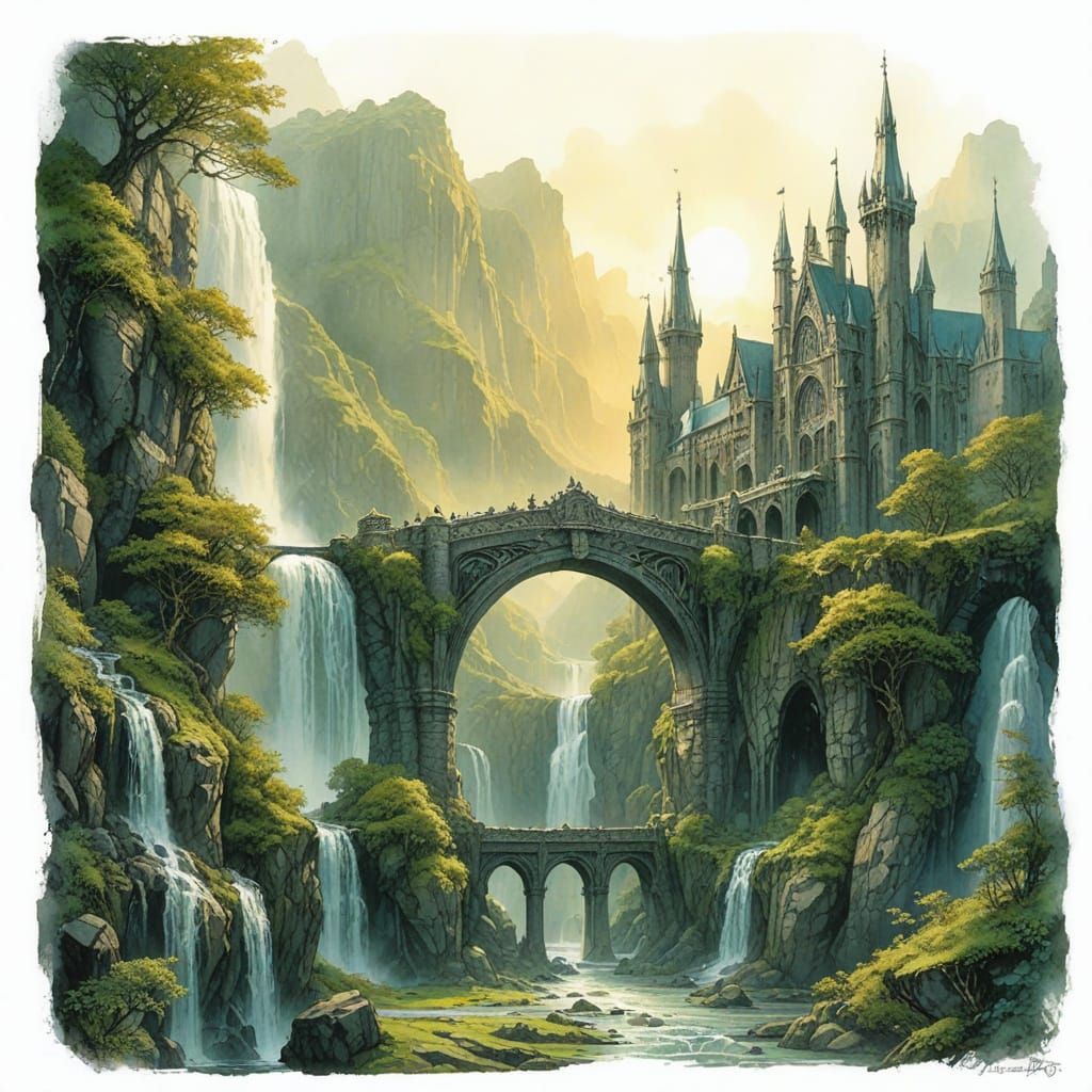 Ethereal Elven City in High-Fantasy Middle-earth Landscape