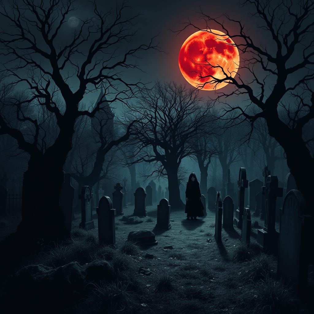 Gothic Graveyard with Crimson Moon, Surreal Style