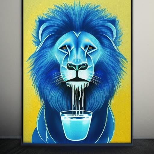 Neon Blue Lion Drinking Water: Abstract Art