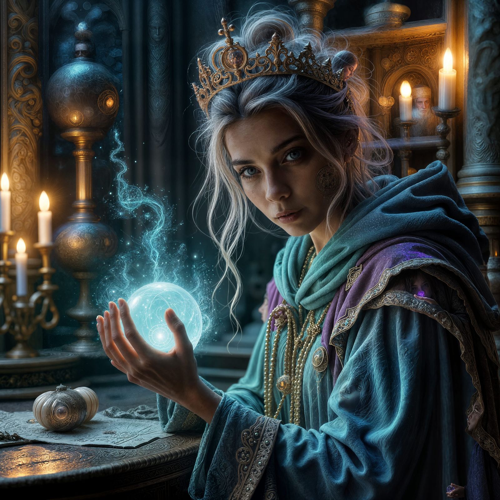 Sorcerer in Ancient Chamber, Illuminated by Ethereal Glow