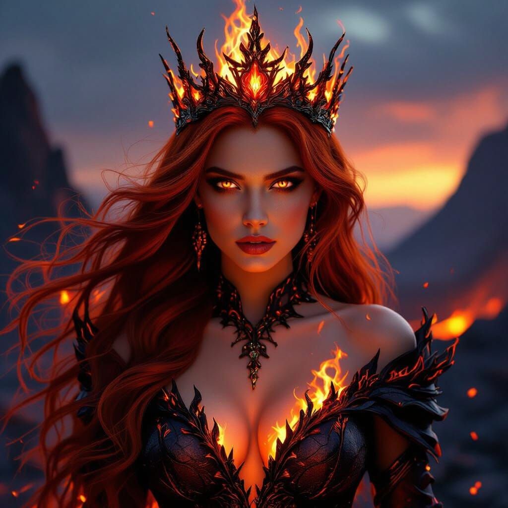 Fire Queen of Volcanic Realm in Cinematic Fantasy Art