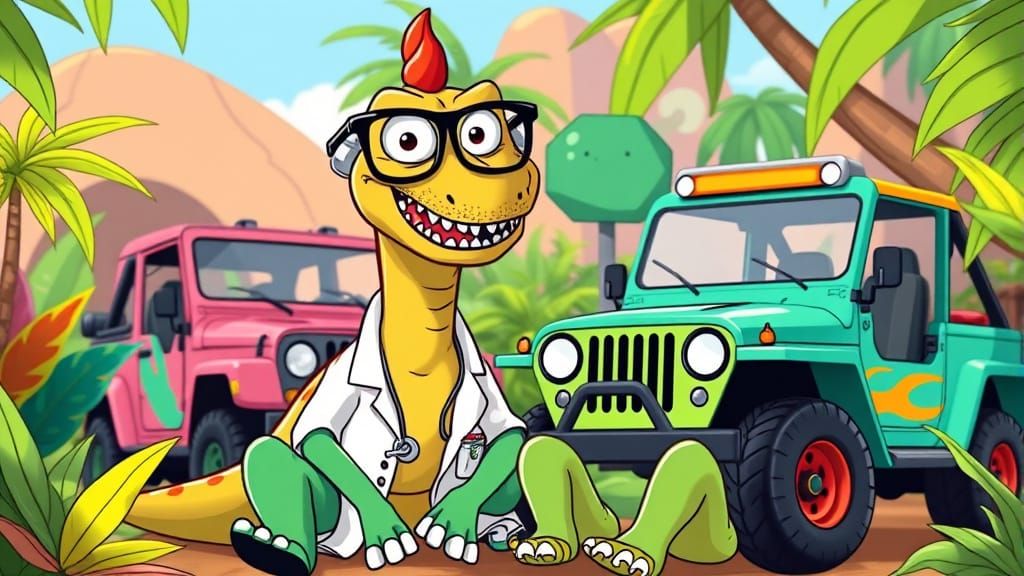 Vibrant Cartoon Dinosaur Dentist in a Jungle Jeep
