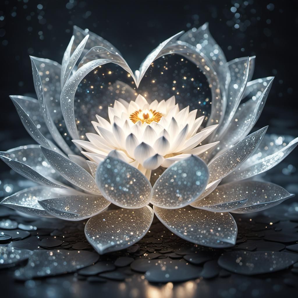 crystal heart with a beautiful white lotus inside, chiaroscuro, glitter, sparks,