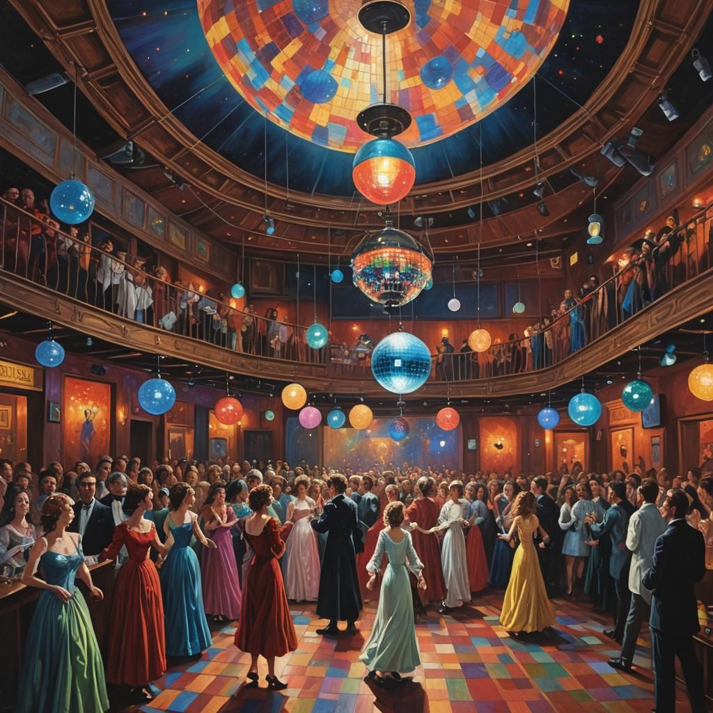 Colorful Nightclub Dance Party as Oil Painting