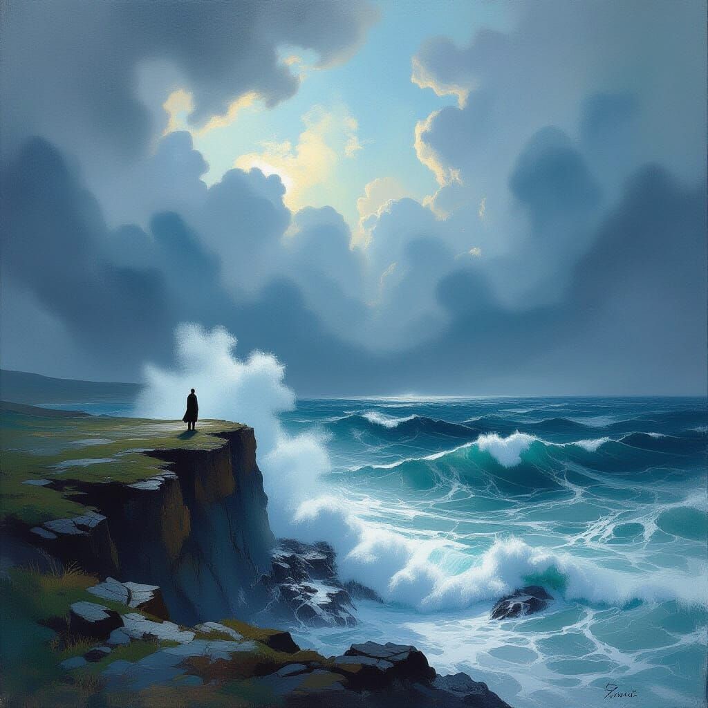 Lone Figure on Cliff Overlooking Turbulent Sea