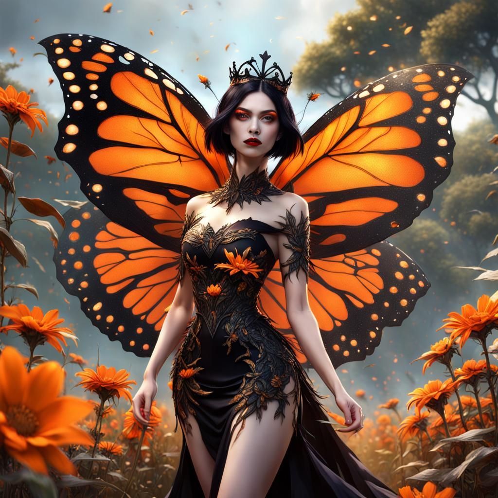 Girl with Butterfly Wings in Flower Field, Fantasy Art