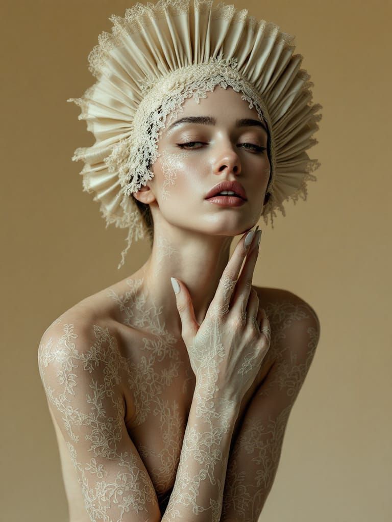 Ethereal Woman in Baroque Headpiece with Surreal Body Art