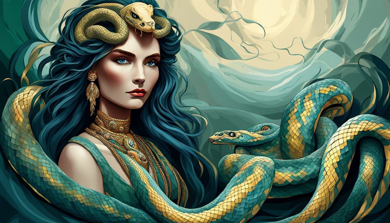 Snake Goddess in Whirlwind Weather, Art Nouveau Style