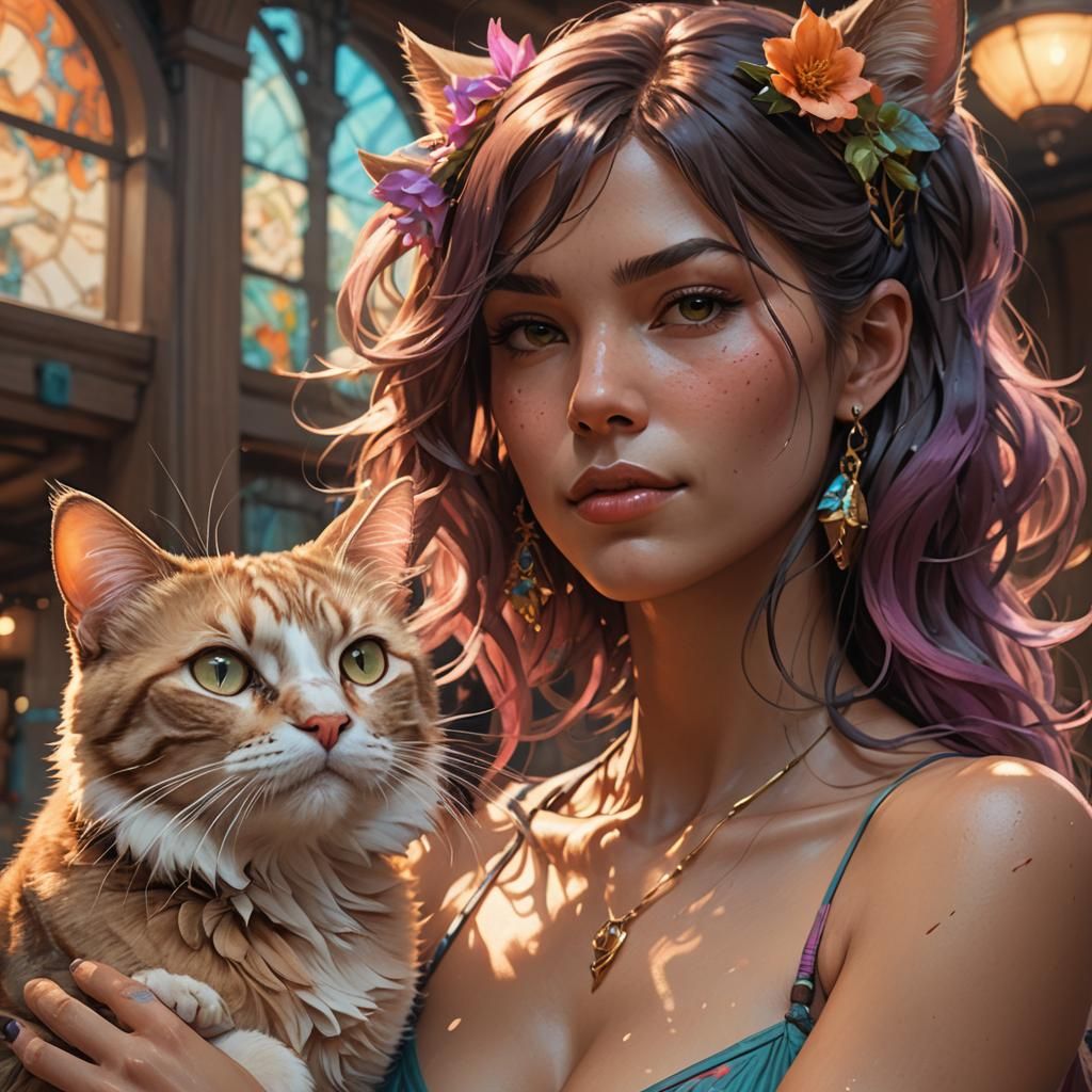 Bikini Woman and Cat Portrait in Art Nouveau Style