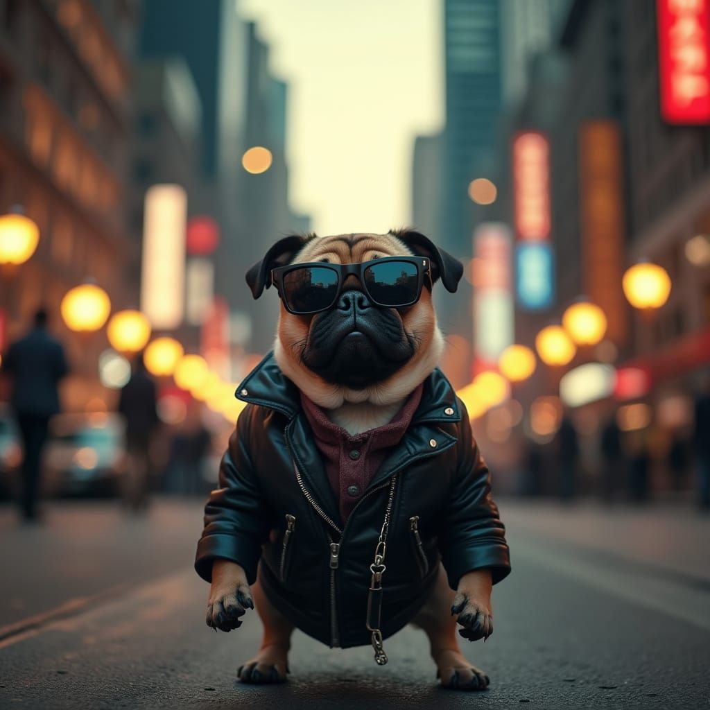 Pug in City Setting, Inspired by Cinematic Film Noir