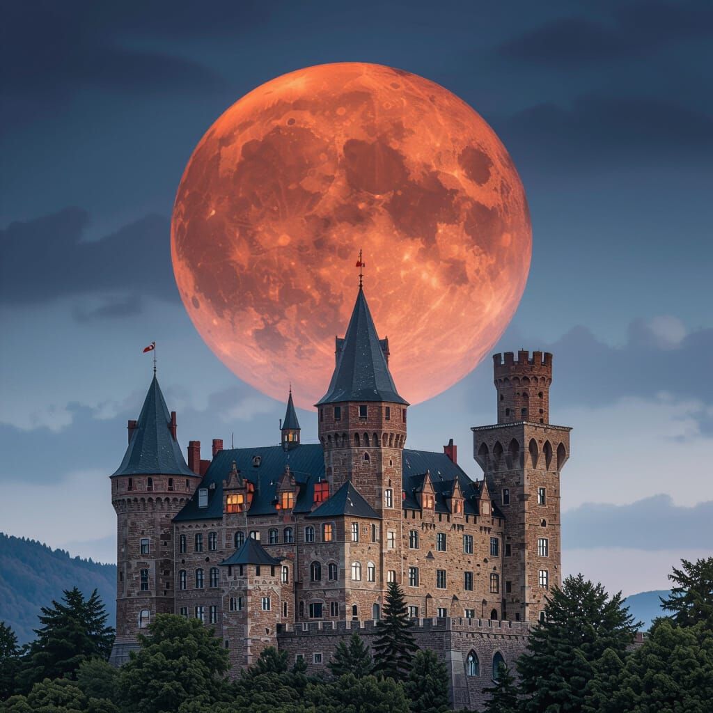 Blood Moon Over Castle: Gothic Fantasy Scene