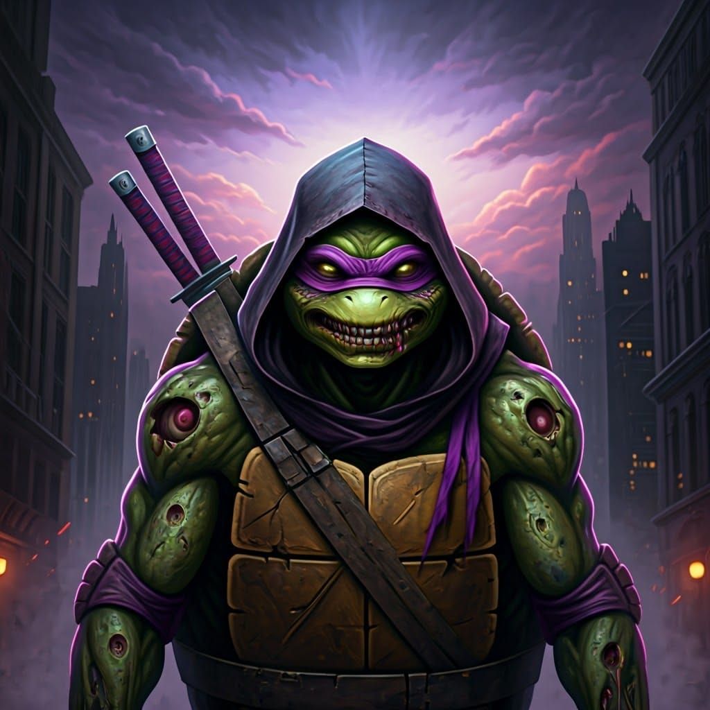 Zombie Ninja Turtle in Neon Cityscape