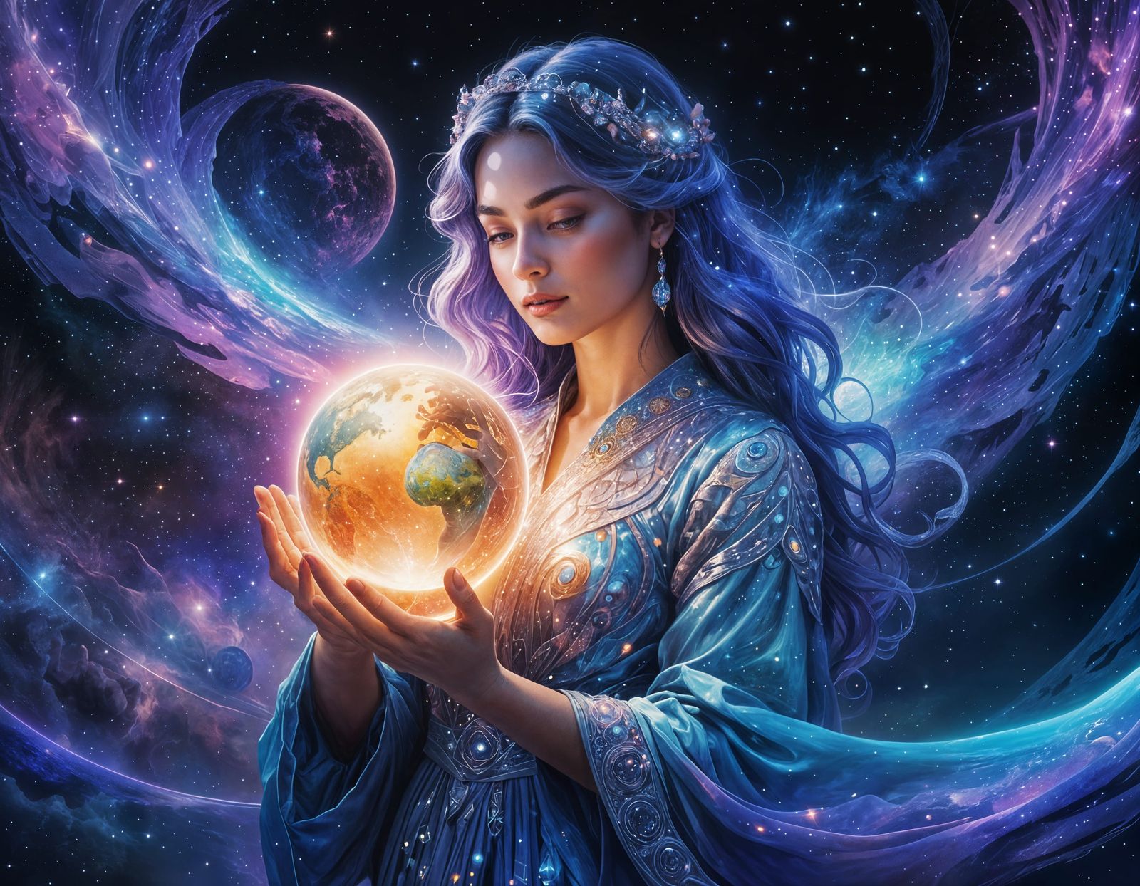 Woman Holds Holographic World: Cosmic Astral Art