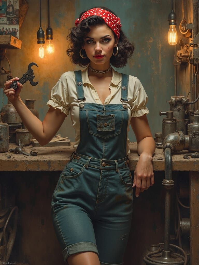 Dieselpunk Mechanic Pin-Up in Cluttered Workshop