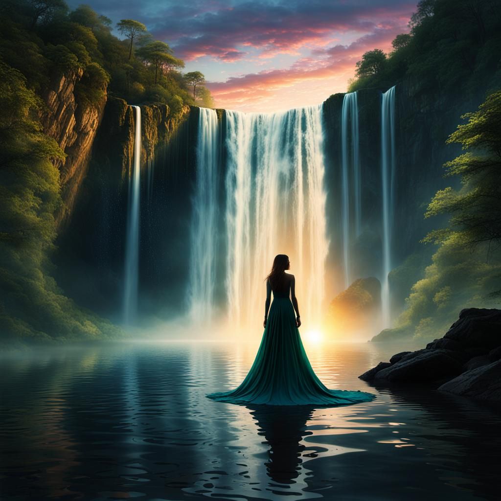 Woman in Luminous Dress at Sunset Waterfall