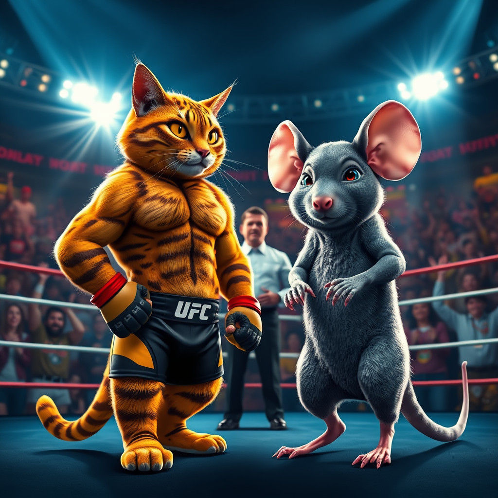 Muscular Cat vs Mouse in Boxing Ring