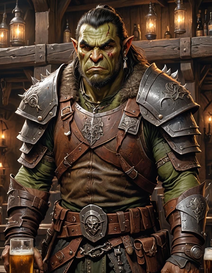 Half-Orc Mercenary Relaxing in Dark Tavern