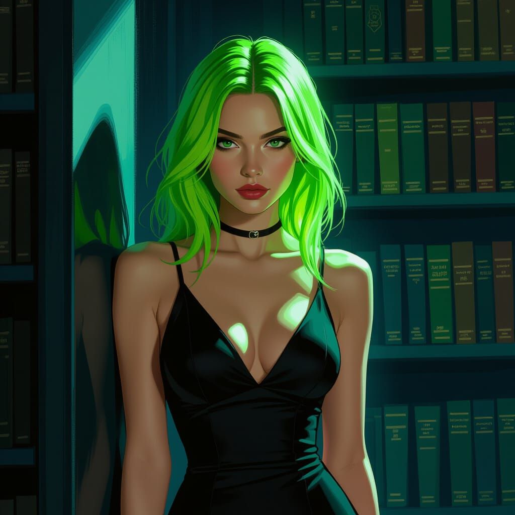 Woman with Green Hair in Dark Study