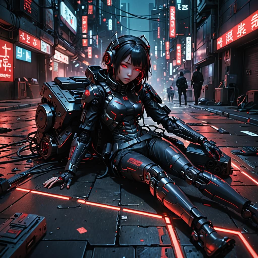 Cyborg Girl in Cyberpunk Cityscape