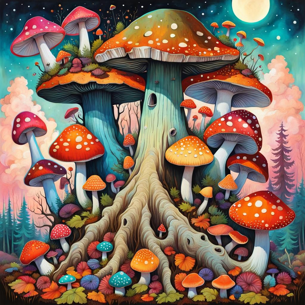 Plaid Mushrooms on Rotting Tree Stump