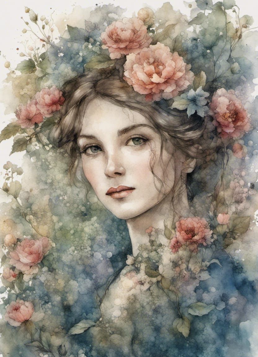 Victorian Woman in Lush Cottage Garden Watercolor