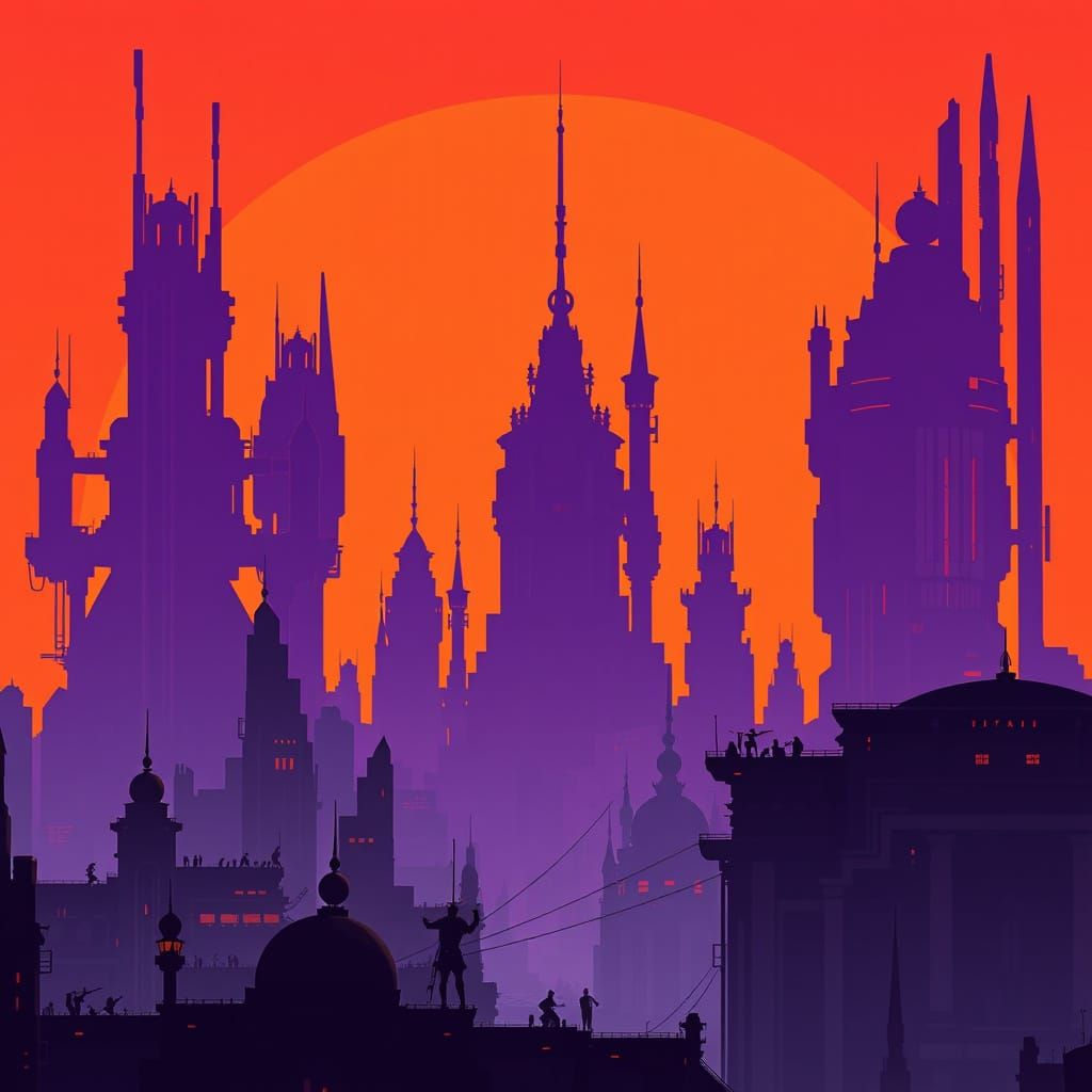 Futuristic Cityscape in Deep Purple and Orange