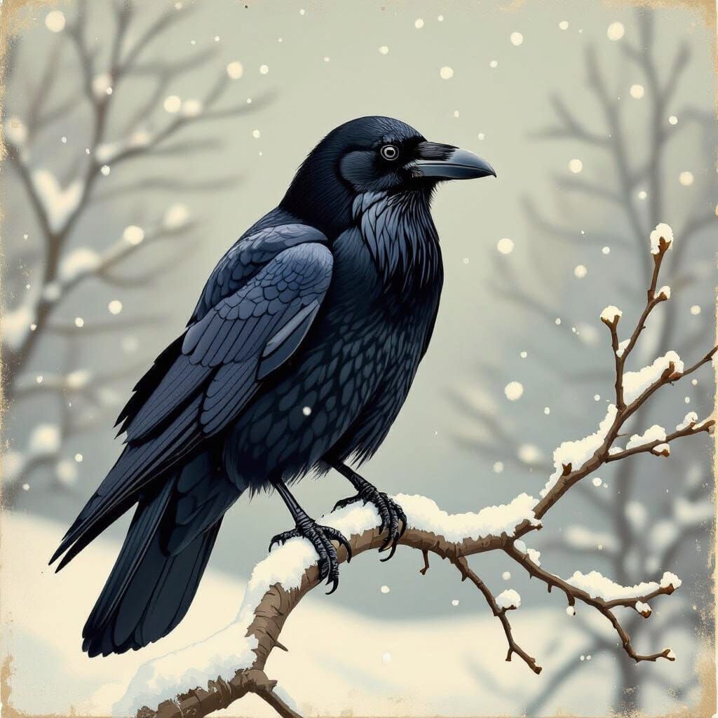 Raven on Snowy Branch in Vintage Postcard Style