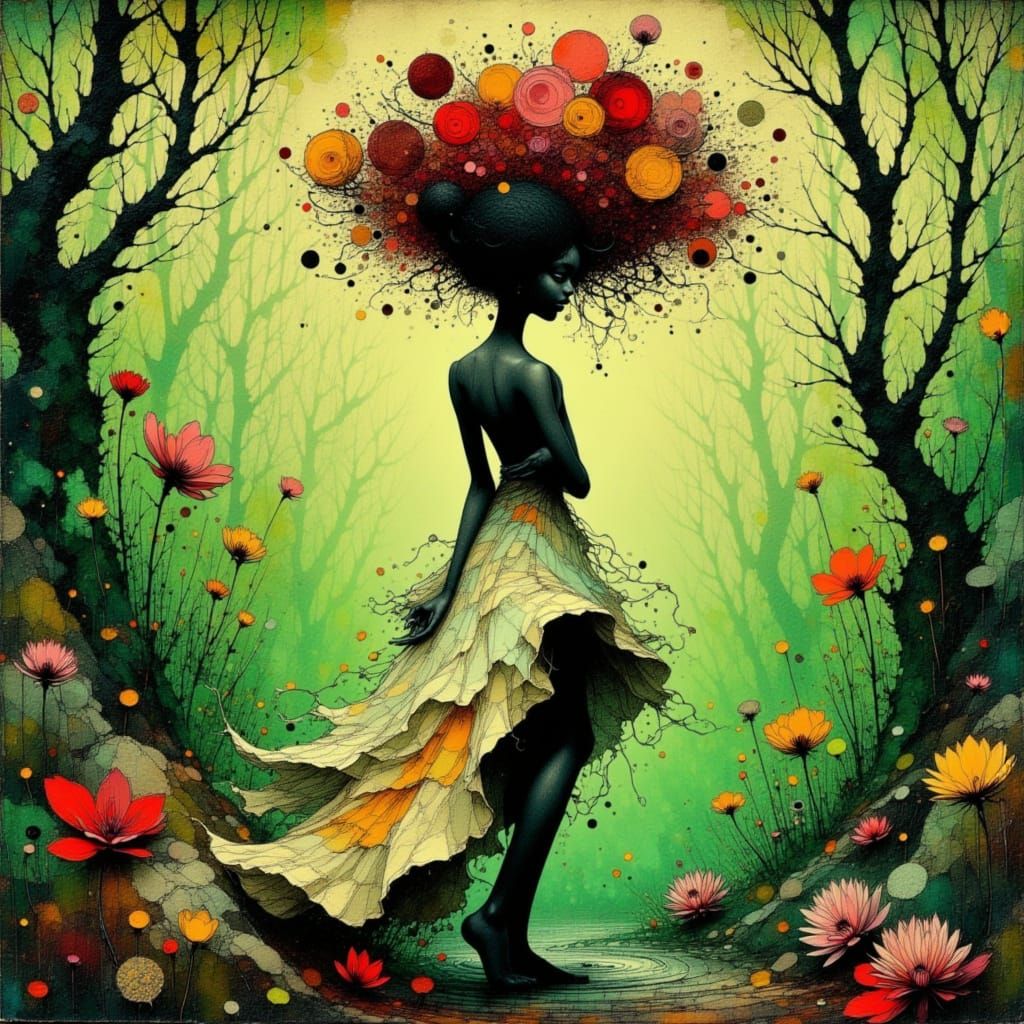 Bohemian Woman in Ethereal Forest, Dreamlike Surrealism