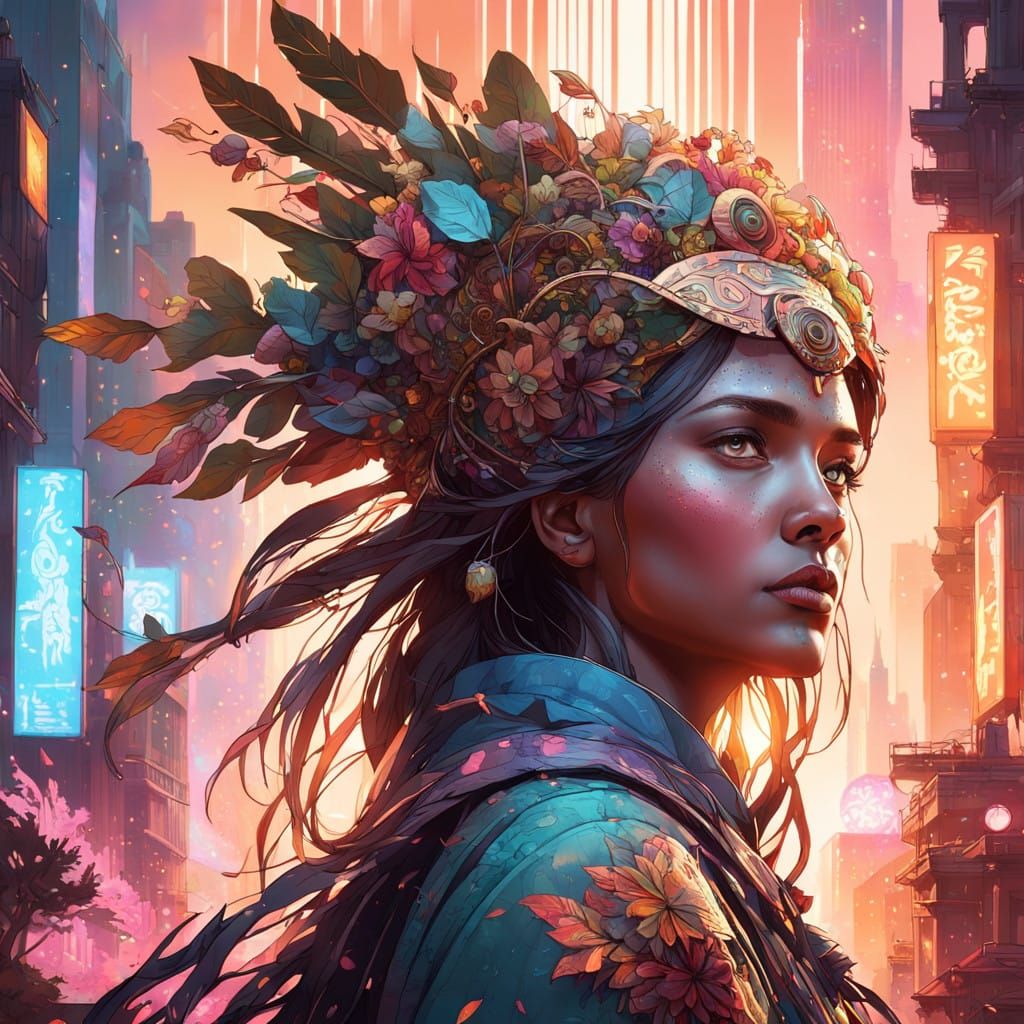 Woman in Futuristic City at Dusk, in Neon Art Style