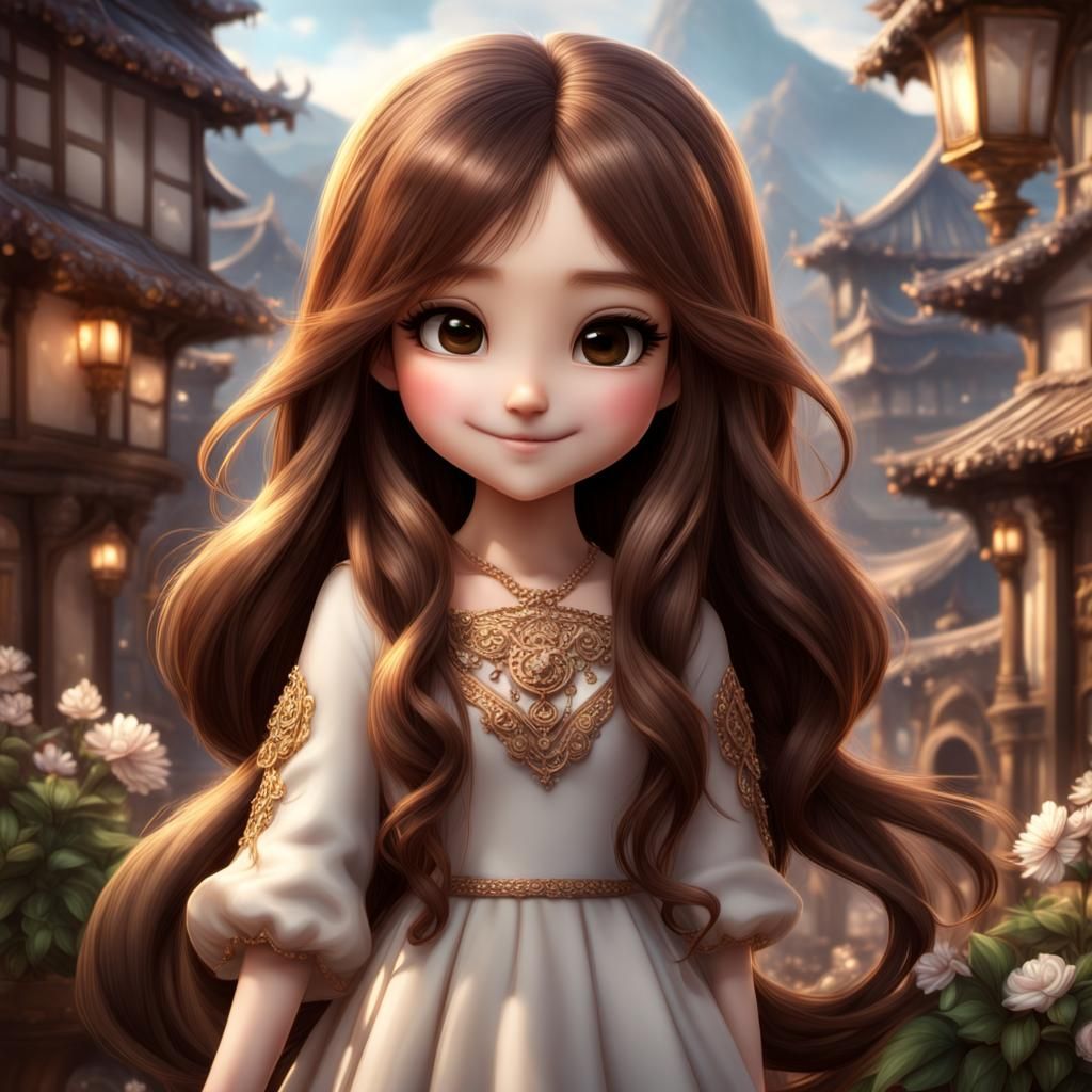 A beautiful chibi girl with long brown hair and big almond s...