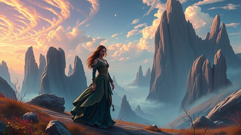 Fantastical Landscape with Woman in Digital Painting Style