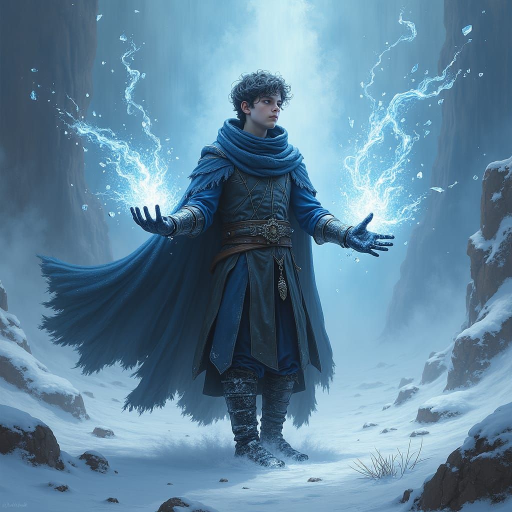 Mystical Sorcerer Casting Ice Magic in Snowy Wasteland