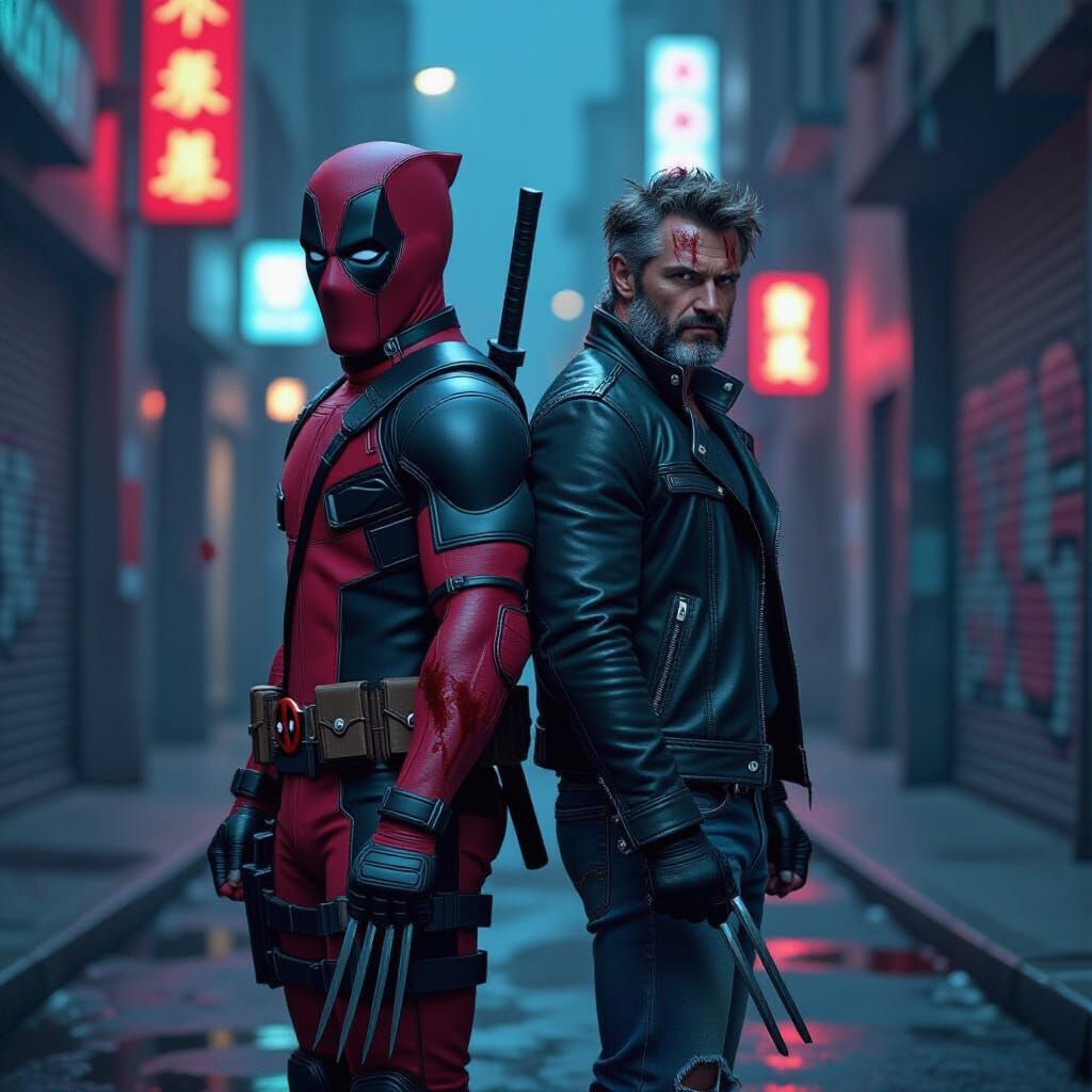 Deadpool and Wolverine in a Neon Alleyway
