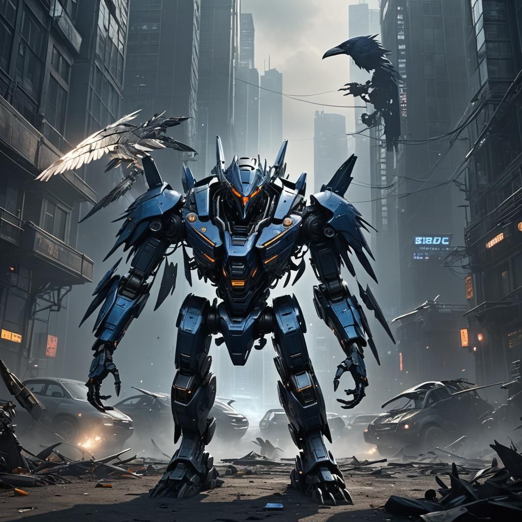 Mecha Crow Concept Art in Sci-Fi Cityscape