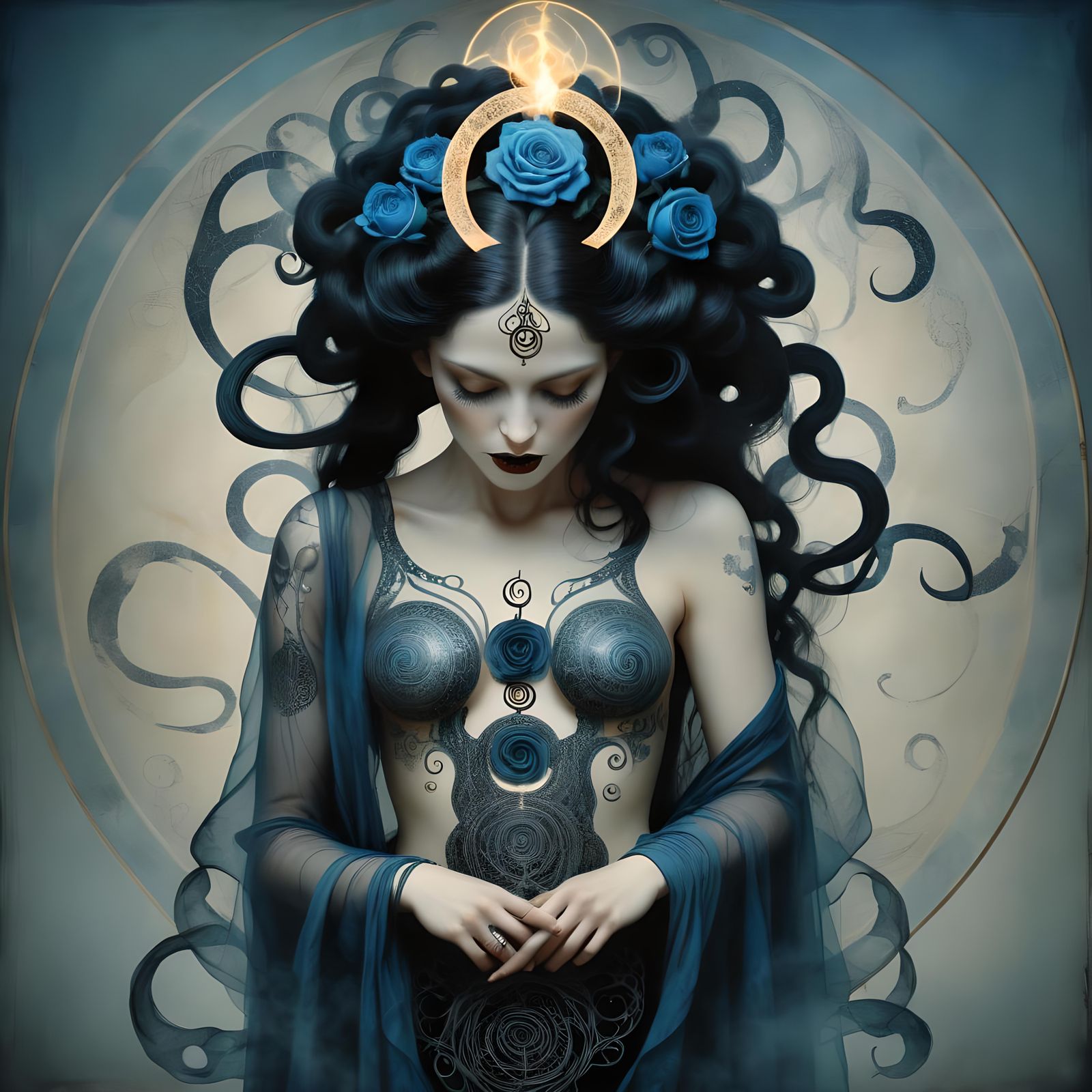 Hecate: Transparent Body with Candlelight, Art Nouveau Style