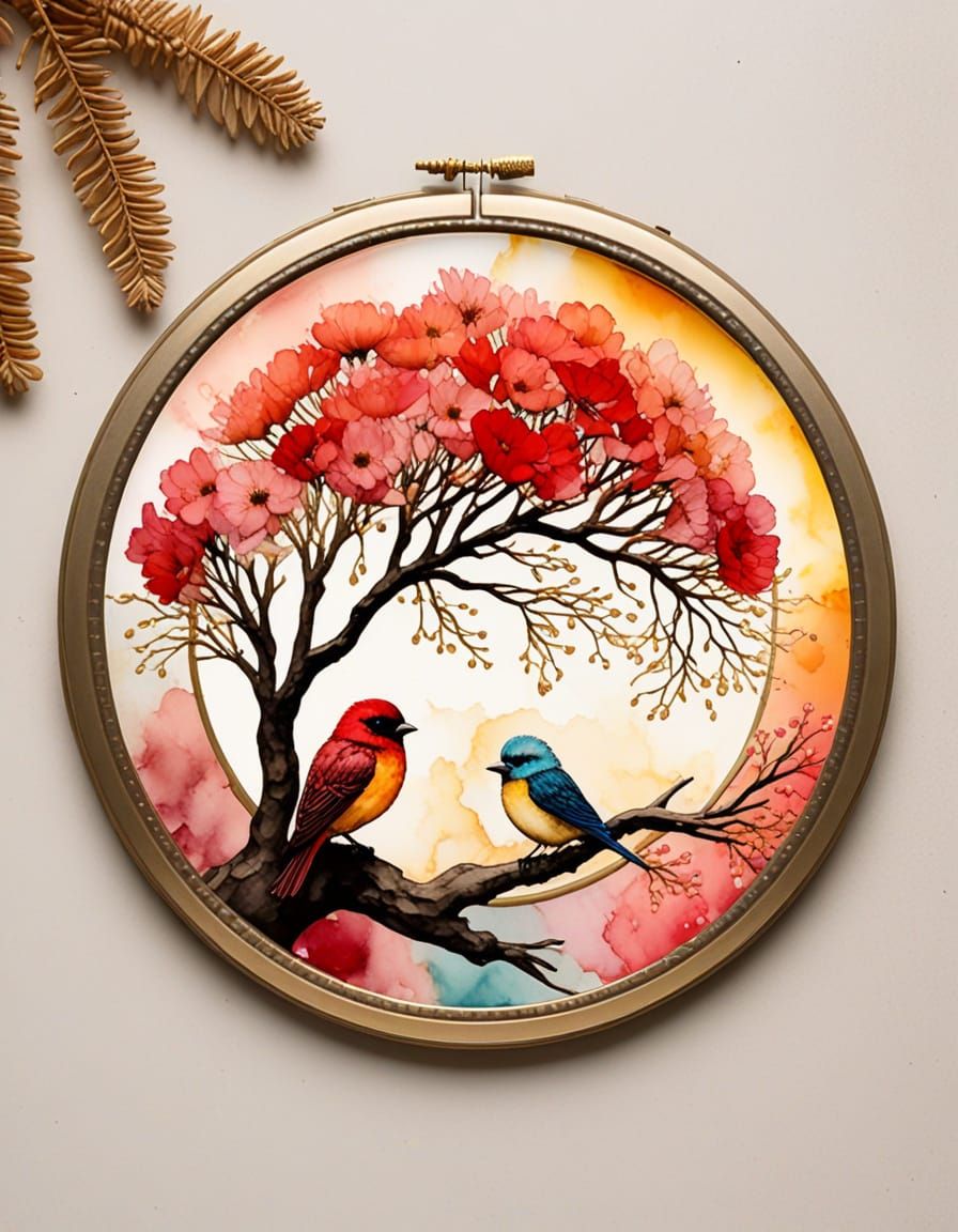 Circular Floral Design with Gold Frame in Alcohol Ink